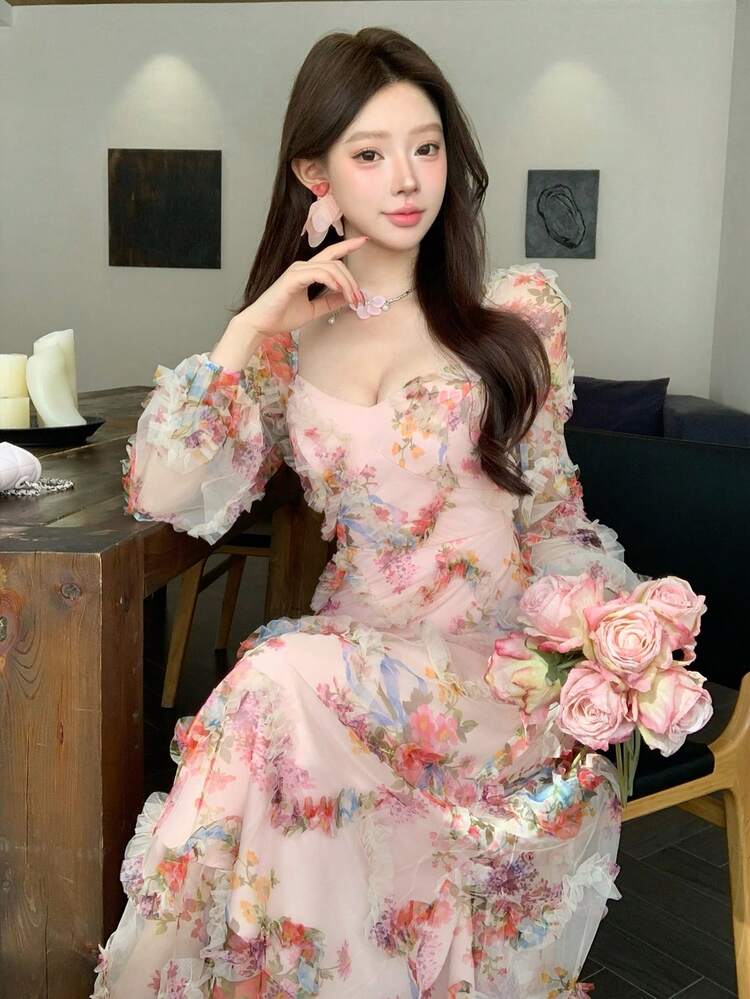 Spring & Summer Pink Ditsy Floral Organza Lace Dress, Elegant For Valentine's Day, Wedding, Party, Formal Occasion, Fashion, Slim Fit, Flared Skirt, Vacation, Sweet, Long Sleeve Midi Dress For Women Boho