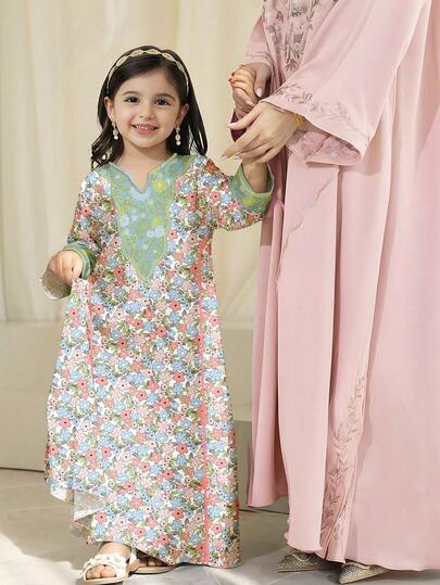 SHEIN 1-Pack Cute Young Girl Cute Versatile With Cute Small Floral Gorgeous Long-Sleeved Long Dress, Comfortable, Casual, Versatile And Fashionable For Everyday Use, Suitable For Birthday Parties, Evening Parties, Performances, Weddings, Baptisms, Opening Ceremonies In Autumn And Winter, Indoor And Outdoor, Daily Use, Sports, Play, Parties, Photo Shoots, Vacations, Festivals, Suitable For Spring, Autumn And Winter