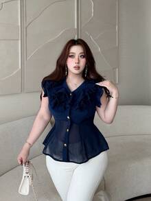 Vibekara Fashionable V-Neck Ruffled Trim Cap Sleeve Fitted Chiffon Blouse For Women, Spring/Summer - Navy Blue - View 4