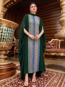 Al Najma Women's Vintage Stand Collar Cape Sleeve Loose Extra Long Dress - Dark Green - View 5