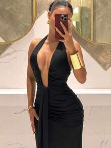 Slaydiva 2025新款优雅深V领美人鱼连衣裙，适合派对、生日、酒吧、夜店、情人节、万圣节、圣诞节等场合 - 棕色 - 黑色 - 查看 5