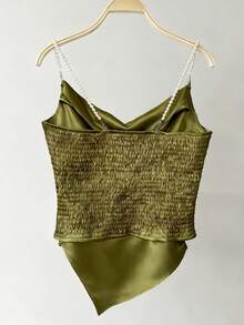 Franclia 女士优雅时尚通勤百搭珍珠装饰缎面亮面不对称吊带背心，春秋季 - 橄欖綠 - 查看 2