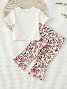 Cozy Pixies 2件套女婴卡通动物印花针织柔软圆领短袖上衣和松紧腰裤套装 - 白色 - 查看 2