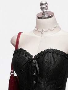 SHEIN EZwear 大码女式提花前扣荷叶边蝴蝶结装饰时尚抹胸上衣 - 黑色 - 查看 5