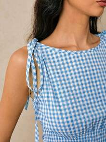 Poéselle 女士吊带背心 腰部格纹吊带背心 女士格子圆领腰带荷叶边下摆肩部系带吊带背心 女士夏季穿搭 夏季服装 可爱夏季上衣 女士演唱会服装 女士沙滩装 荷叶边上衣 系带上衣 波西米亚风上衣 女士上衣 格子吊带背心 女士吊带背心 夏季女士上衣 Y2K - 藍色 - 查看 4
