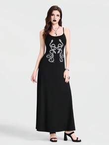 Breakform Đầm dài ôm sát người kiểu Gothic gợi cảm dành cho nữ, dây đeo mảnh có thể điều chỉnh, màu trơn, chất liệu vải dệt kim in họa tiết da rắn. - màu đen - Xem 4