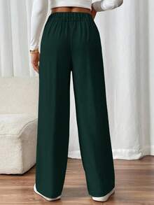 SHEIN PETITE CURVE Plus Size Women's Double Buckle Straight Leg Elegant Commuter Pants - Dark Green - View 2