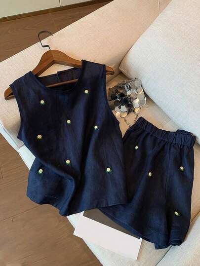 Resyla Ditsy Floral Embroidery Tank Top & Shorts Set