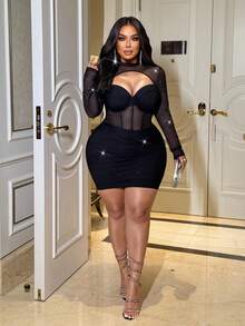 NU&NOW Women's Sequin Black Bodycon Formal Dress, Long Sleeve Mesh Lining Dress, Autumn/Winter - Black - View 3