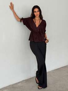 Aloruh Women's Brown Deep V-Neck Loose Ruched Tie Waist Ruffle Hem Shiny Short Sleeve Blouse - Brown - View 8