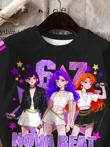 两件套少女休闲时尚彩色韩流女团字母星星印花套装，个性化酷炫数字67图案，趣味六七图案，韩流风格印花服装，彩色卡通人物两件套，时尚黑色，韩流粉丝礼物，学院风运动衫风格时尚女童装，姐妹装，适合度假、派对、日常穿着、演唱会等场合，圆领短袖短裤两件套夏季必备 - 彩色 - 查看 5