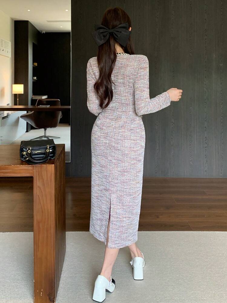 Women's Elegant Colorblock Patchwork 3D Floral Round Neck Faux Pocket Midi Dress, Spring Wedding Guest Dress Sundress