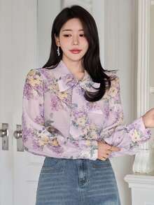 DAZY Women's Elegant Floral Print Tie Collar Blouse, Spring/Summer - Purple - View 3