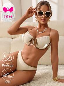 Swim DD+ DD+ Women's Spring/Summer Jacquard Fabric Spaghetti Strap Tie Front Bikini Set - Apricot - View 5