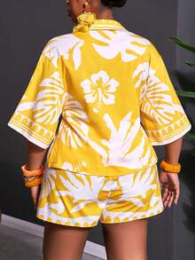 Veslaya Bộ đồ 2 mảnh mùa xuân/hè mới: áo tay ngắn dáng rộng và quần short, họa tiết cây nhiệt đới, thích hợp cho kỳ nghỉ, dạo phố, đi biển, tiệc lửa trại, tắm nắng, cỡ lớn, trang phục mùa hè. - Màu vàng - Xem 3