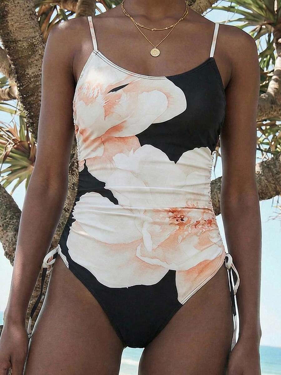 Maija Women's Floral Print Ruched Casual Vacation Spaghetti Strap One-Piece Swimsuit - Black - View 1