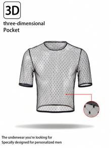 Men's Contrast Trim Mesh Sheer Round Neck Short Sleeve Base Layer Top - Black - View 1