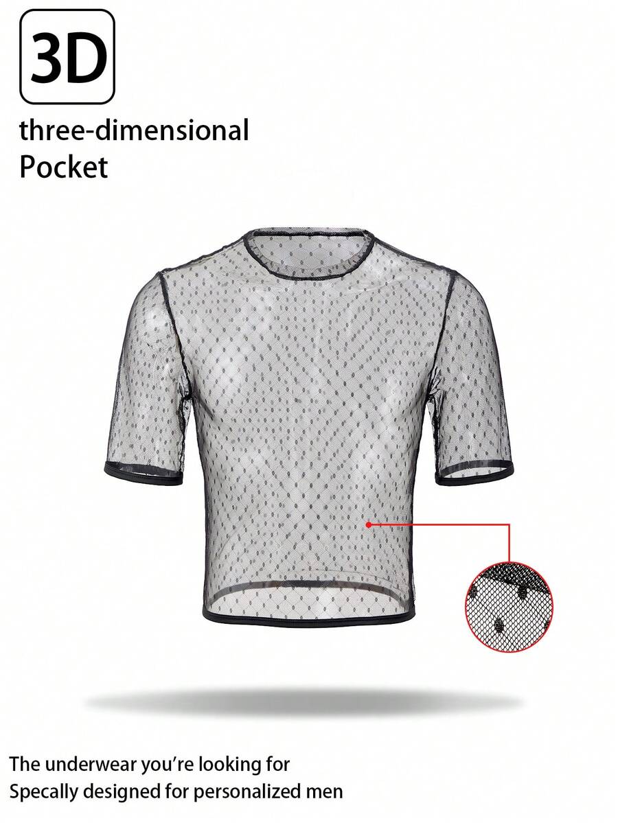 Men's Contrast Trim Mesh Sheer Round Neck Short Sleeve Base Layer Top - Black - View 1