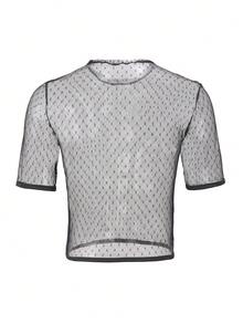 Men's Contrast Trim Mesh Sheer Round Neck Short Sleeve Base Layer Top - Black - View 2