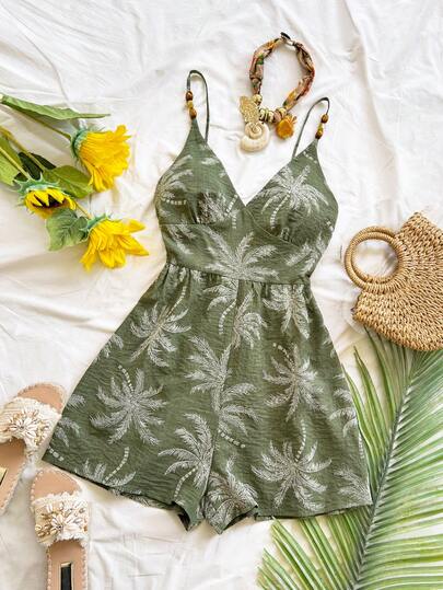 Soleia Women's Colorful Tropical Print Sleeveless Jumpsuit, One Shoulder, Metal Decor, Suitable For Brunch, Summer, Mother's Day, Graduation, Church, Beach, Music Festival, Airport, Afternoon Tea, Autumn/Winter Beach Playsuit Rompers For Women Vacation Playsuits For Women Holiday Summer Holiday Outfits Women Beach Outfit For Women