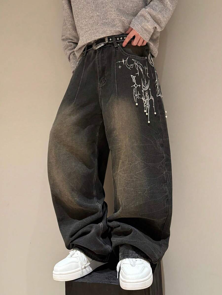 Manfinity EMRG 复古做旧刺绣铆钉宽松直筒休闲牛仔裤，时尚街头服饰 - 黑色 - 查看 1