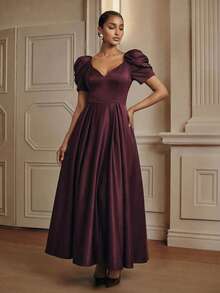 Anewsta New Arrival Women's V-Neck Puff Sleeve Elegant Long Dress - Burgundy - View 4