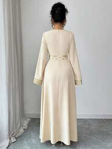 Rafferiza 方领褶裥优雅雪纺长裙，黑色金箔花卉印花，优雅浪漫，女士春秋服装，土耳其长袍，迪拜奢华阿拉伯长袍，卡夫坦长袍，女士卡夫坦长袍 - 杏色 - 查看 2