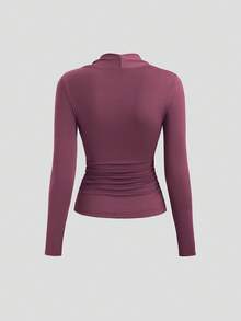 Sweetra Nova blusa feminina de outono com detalhes em metal, botões vazados, modelo sexy e ajustado, de manga comprida. - Rosa Empoeirado - Ver 2