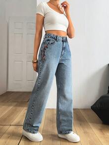 SHEIN 100% Cotton Women's Denim Pants With Embroidery Detailed - Medium Wash - View 6