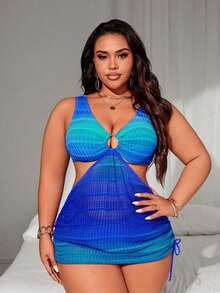 SHEIN Swim Curve 大码女式两件套渐变色宽肩带镂空抽绳开衩性感时尚泳衣套装 - 藍色 - 查看 4
