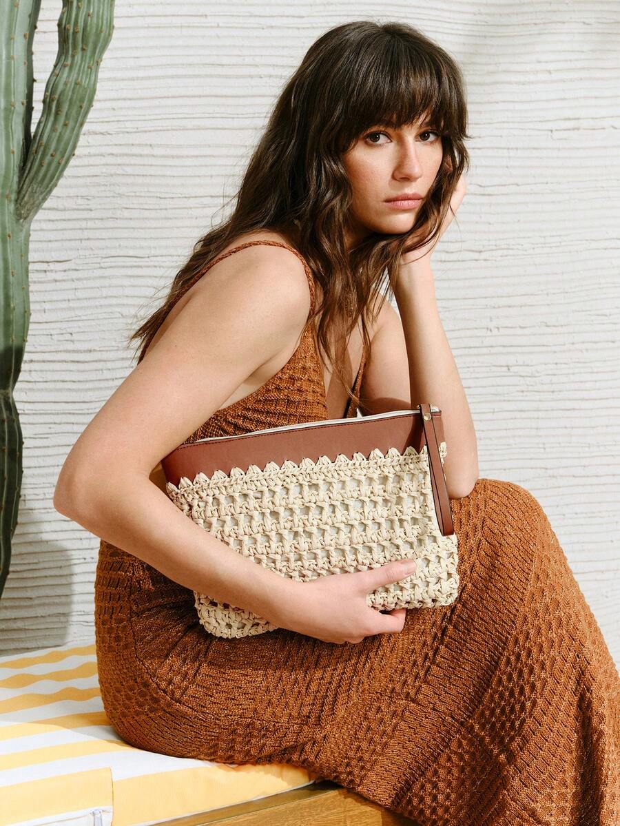 SHECARRY 女士手拿包、草编包、镂空草编包、时尚、优雅、简约、个性化、百搭，适合海滩、度假、假日、夏季、海边、沙滩派对 - 米色 - 查看 1