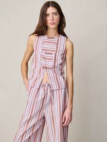 Nöista Bộ áo vest và quần kẻ sọc màu nâu và hồng, kiểu cài khuy Trung Quốc phía trước, quần ống rộng. Phù hợp cho mùa xuân, mùa hè, trang phục thường ngày cho nữ, bộ đồ đi nghỉ mát cho nữ. - Hồng - Xem 4