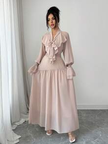 Modelyn Women's Ruffle Hem Long Dress With Unique Design - Dusty Pink - View 6