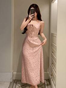 DAZY Vestido Floral Miúdo Sem Mangas com Cintura Marcada, Vestido Casual de Verão Feminino Pijama - Rosa Bebê - Visão 5