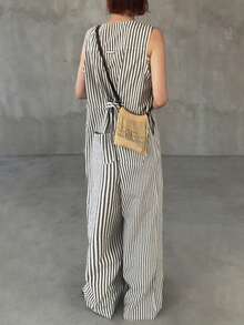 FRIFUL 女士时尚休闲条纹口袋无袖连体裤 - 黑色 - 查看 5