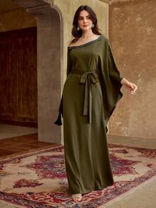 ZEYLAH Women's Elegant Rhinestone Hollow-Out Patchwork Dress - Green - View 5