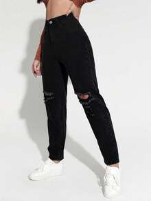 SHEIN ICON Quần Jeans Denim Rách Nữ - màu đen - Xem 5