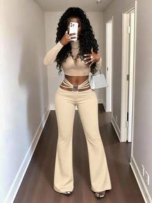 BamGleam Pantalones acampanados con hebilla de metal en la cintura, pantalones casuales de ajuste ceñido que alargan la pierna - Albaricoque - Ver 7