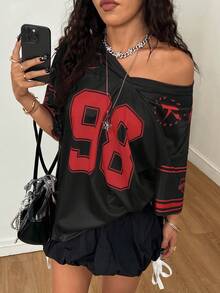 Coolane 女士春夏节日外出街头风复古透气网眼数字图案棒球衫红色球衣 - 黑色 - 查看 5