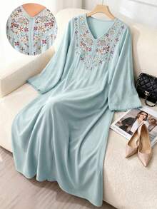 Al Najma Women's Elegant Embroidered Long Sleeve Arabic Style Dress - Multicolor - View 1