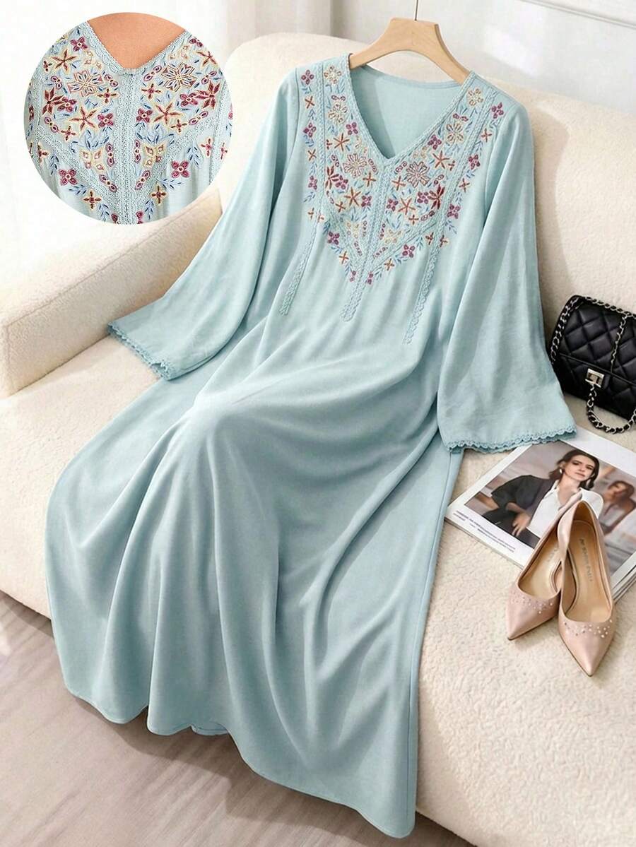 Al Najma Women's Elegant Embroidered Long Sleeve Arabic Style Dress - Multicolor - View 1