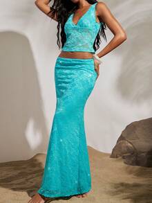 Opulessa 纯色针织蕾丝美人鱼裙，适合海滩度假、休闲、度假、夏季假期、优雅场合、外出、派对等。 - 藍色 - 查看 3