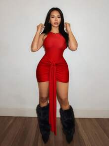 Slaydiva New Party, Birthday, Bar, Nightclub, Valentine's Day, Halloween, Christmas Occasion Sleeveless Criss-Cross Strap Design Red Women Mini Skirt Ruched Bodycon Dress Red Bodycon Dress Red Sexy Dress - Red - View 3