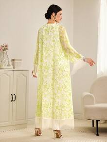 Al Najma Women's Elegant All-Over Print V-Neck Tassel Arabic Abaya Robe - Yellow - View 6