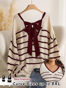 SHEIN CURVE+ Plus Size Bowknot Back Sweater, Striped Pattern Pullover Autumn Winter Clothes For Women - Burgundy - View 9