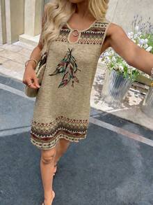 EMERY ROSE 大码女式羽毛印花圆领金属装饰休闲度假约会连衣裙 女式夏季连衣裙 波西米亚风夏季连衣裙 女式波西米亚风服装 女式夏季休闲连衣裙 无袖波西米亚风连衣裙 休闲夏季连衣裙 女式时尚连衣裙 - 彩色 - 查看 5