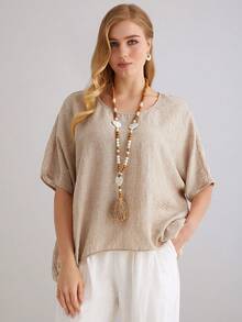 Parysyn 大码梭织休闲宽松夏季衬衫 - 卡其色 - 查看 6