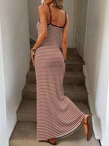Easowa 女士撞色条纹吊带修身长连衣裙，适合春夏穿着，休闲百搭 - 彩色 - 查看 2