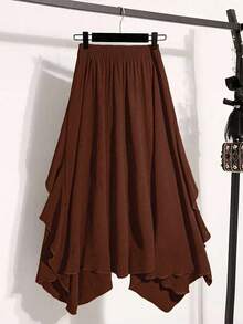 EMERY ROSE Plus Size Women's Casual Solid Color Asymmetric Hem Skirt, Summer - Redwood - View 2