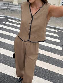 Serisse Women's Contrast Trim V-Neck Button Front Tank Top And Pants Casual 2 Pieces Set - Khaki - View 6